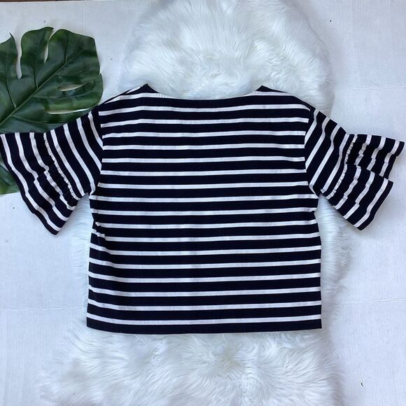 J. Crew Ruffle Sleeve Top Black & Ivory Stripe L - Picture 4 of 7